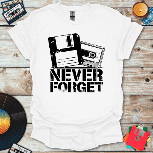 Never Forget Cassette and Floppy Disk T-Shirt